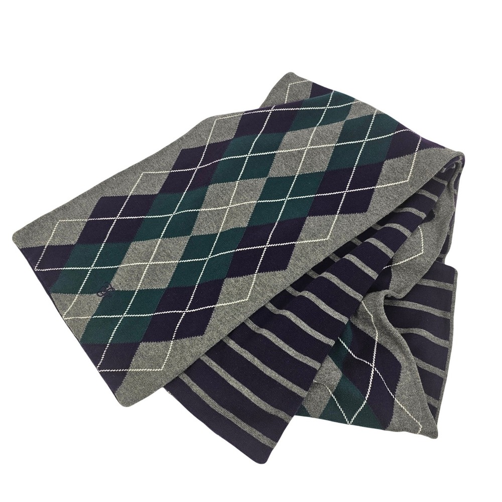 Tommy Hilfiger Scarf 10x70" Cotton Purple Green Gray Argyle/Stripe Reversible